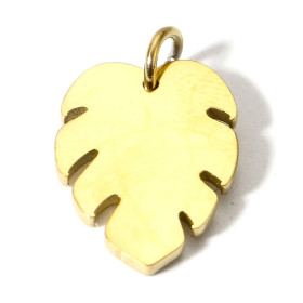 Pendentif avec anneau Feuille exotique, feuille de Montserrat 17mm, Acier Inoxydable 304 finition Doré
