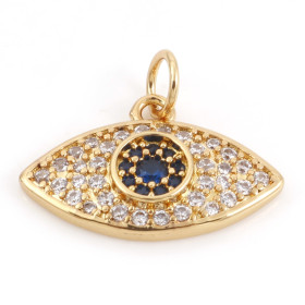 Pendentif Oeil de la protection 19mm Cuivre finition Doré à l'or fin 18K et Strass