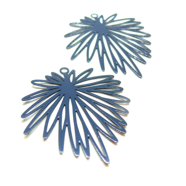 Estampes Pendentifs Fleurs feuille 39mm métal finition Gris Bleu