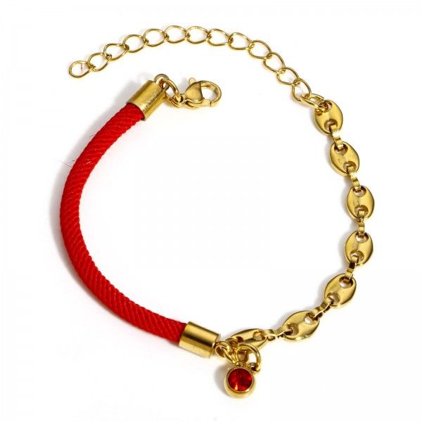 Bracelet Cordon Rouge avec strass et chaine Maille MARINE en  Acier Inoxydable 304 finition Doré