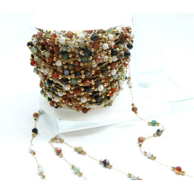 H11P01601G – Lot de 25 ou 50 cm de Chaîne avec Perles Doré et Gemmes Aléatoires – Acier Inoxydable 304 Doré