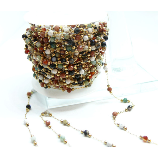 H11P01601G – Lot de 25 ou 50 cm de Chaîne avec Perles Doré et Gemmes Aléatoires – Acier Inoxydable 304 Doré